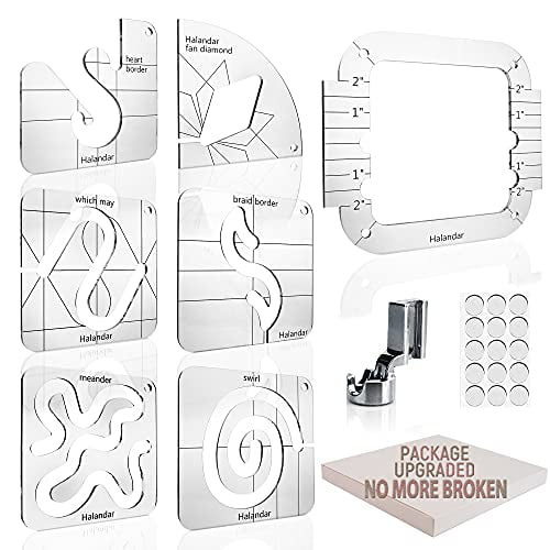 6 Pcs Free Motion Quilting Template Series with 1 Quilting Frame 1 Low Shank Ruler Foot 15 Pcs Non-Slip mats 3mm Acrylic Templates for DIY Quilting on Domestic Sewing Machine Ruler